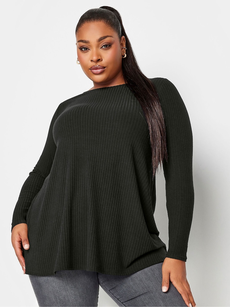 Yours Curve Black Long Sleeve Ribbed Swing Top - Image 4 of 4