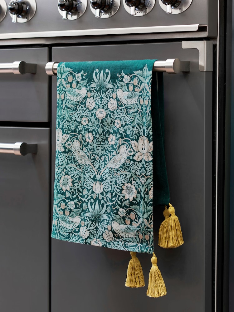 Clarke and Clarke Teal Blue William Morris Designs Strawberry Thief 100% Cotton Tea Towel - Image 1 of 2
