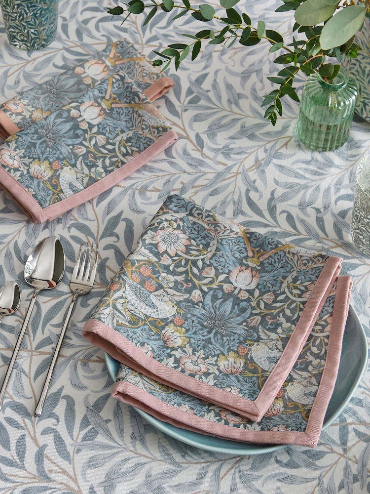 Clarke & Clarke Blush Pink & Slate Grey William Morris Designs Strawberry 100% Cotton Set of 4 Napkins - Image 1 of 2 Clarke & Clarke Blush Pink & Slate Grey William Morris Designs Strawberry 100% Cotton Set of 4 Napkins - Image 1 of 2