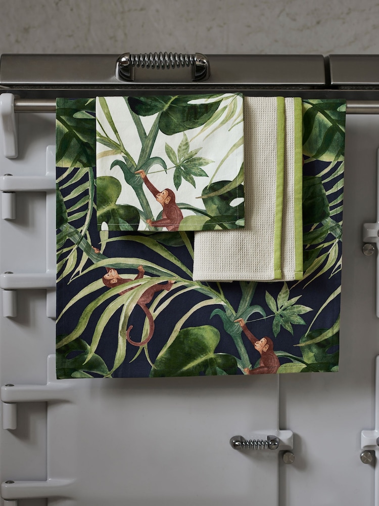 Clarke & Clarke Set of 3 Indigo Blue/Cream Monkey Business 100% Cotton Tea Towels - Image 1 of 2