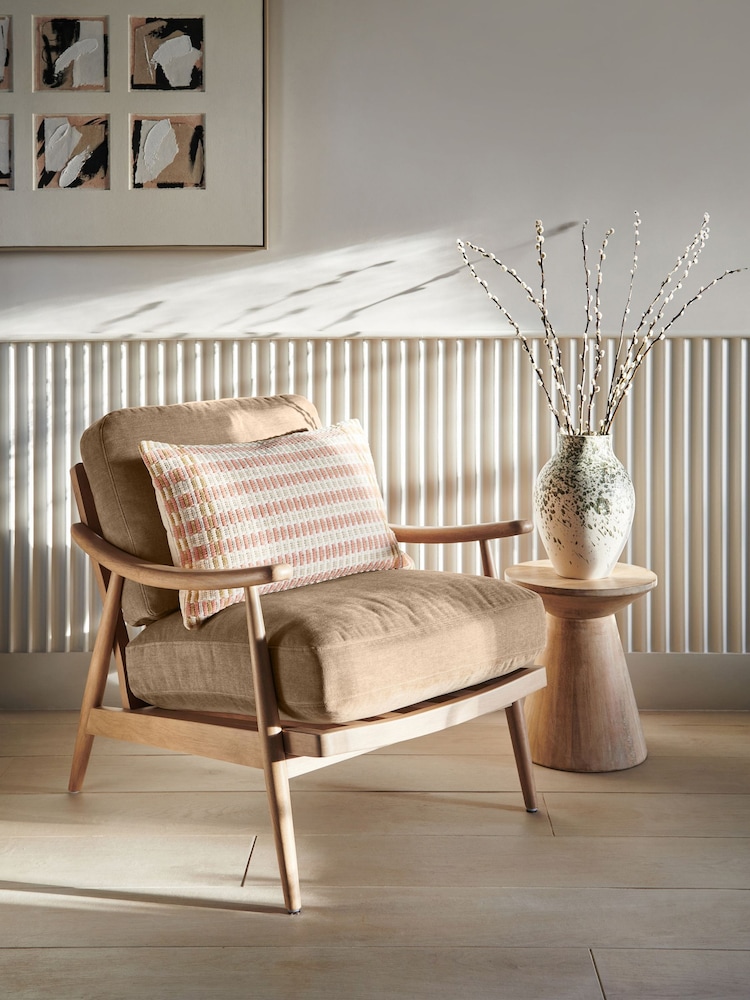 Fine Chenille Sand Natural, Light Oak Effect Frame Hampton Wooden Accent Chair - Image 2 of 11