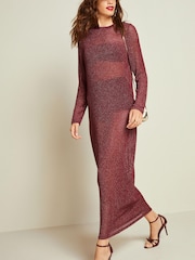 Berry Red Crochet Mesh Sparkle Sheer Long Sleeve Midi Length Dress - Image 2 of 6