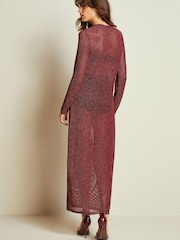 Berry Red Crochet Mesh Sparkle Sheer Long Sleeve Midi Length Dress - Image 3 of 6