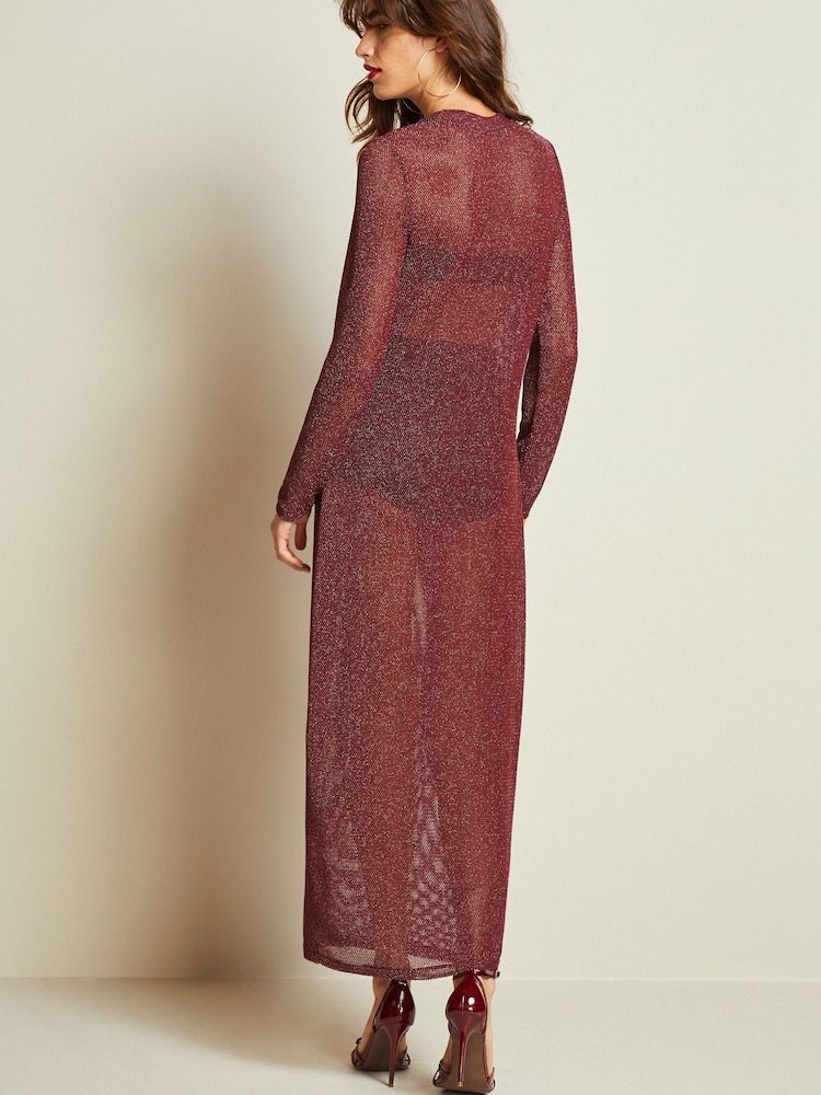 Buy Berry Red Crochet Mesh Sparkle Sheer Long Sleeve Midi Length - Main Image