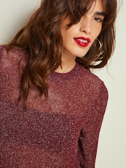 Berry Red Crochet Mesh Sparkle Sheer Long Sleeve Midi Length Dress - Image 4 of 6