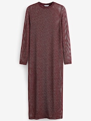 Berry Red Crochet Mesh Sparkle Sheer Long Sleeve Midi Length Dress - Image 5 of 6