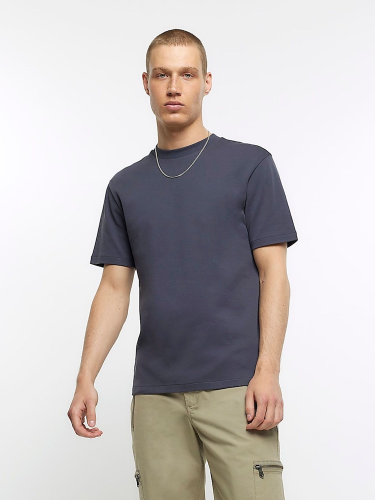River Island Grey Slim Fit Studio Heavyweight 100% Cotton T-Shirt - Image 1 of 5