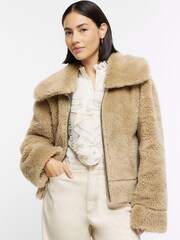 River Island Brown Reversible Shearling Aviator Jacket - Image 1 of 4