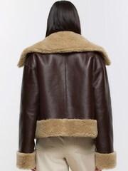 River Island Brown Reversible Shearling Aviator Jacket - Image 2 of 4