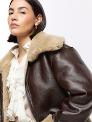 River Island Brown Reversible Shearling Aviator Jacket - Image 3 of 4