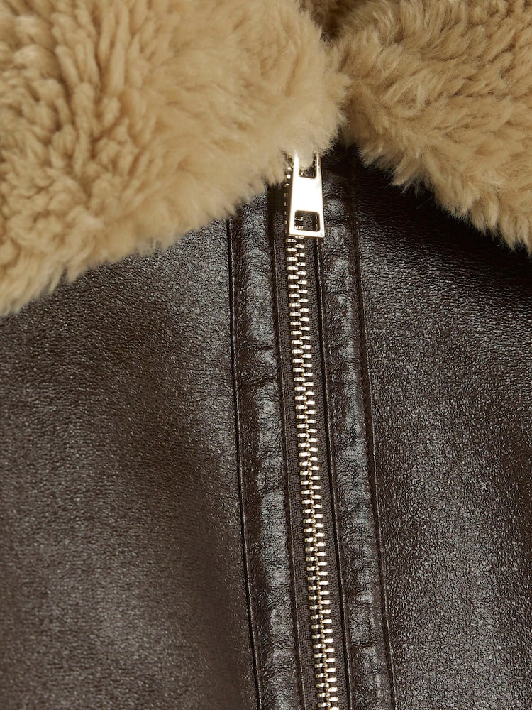 River Island Brown Reversible Shearling Aviator Jacket - Image 4 of 4 River Island Brown Reversible Shearling Aviator Jacket - Image 4 of 4