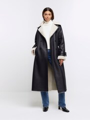 River Island Black Shearling Belted Trench Coat - Image 1 of 6