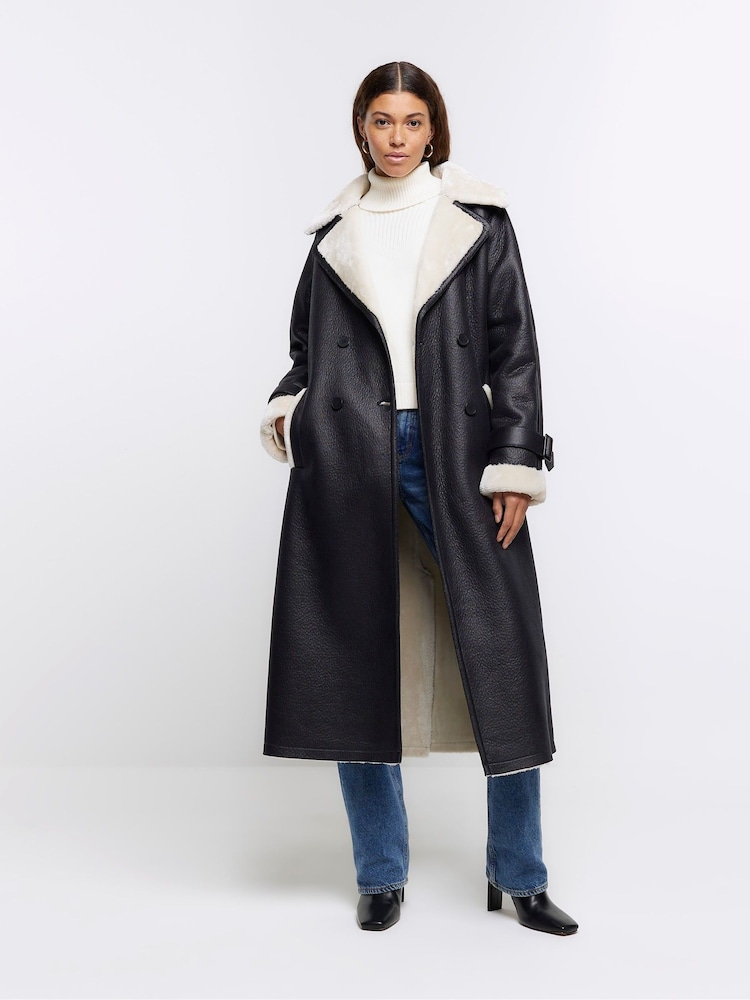 River Island Black Shearling Belted Trench Coat - Image 1 of 6