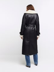 River Island Black Shearling Belted Trench Coat - Image 3 of 6