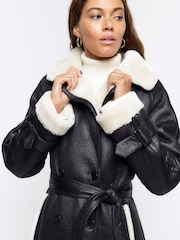 River Island Black Shearling Belted Trench Coat - Image 5 of 6