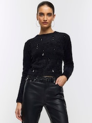 River Island Black Embellished Fluff Jumper - Image 1 of 1