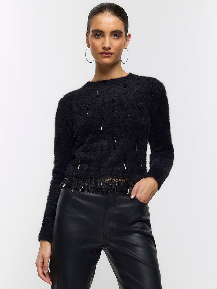 River Island Black Embellished Fluff Jumper - Image 1 of 1 River Island Black Embellished Fluff Jumper - Image 1 of 1