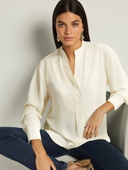 Ecru Cream Long Sleeve Overhead V-Neck Relaxed Fit Blouse - Image 1 of 7