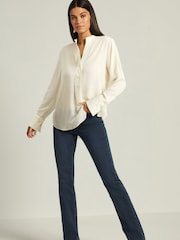Ecru Cream Long Sleeve Overhead V-Neck Relaxed Fit Blouse - Image 2 of 7