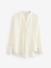 Ecru Cream Long Sleeve Overhead V-Neck Relaxed Fit Blouse - Image 6 of 7
