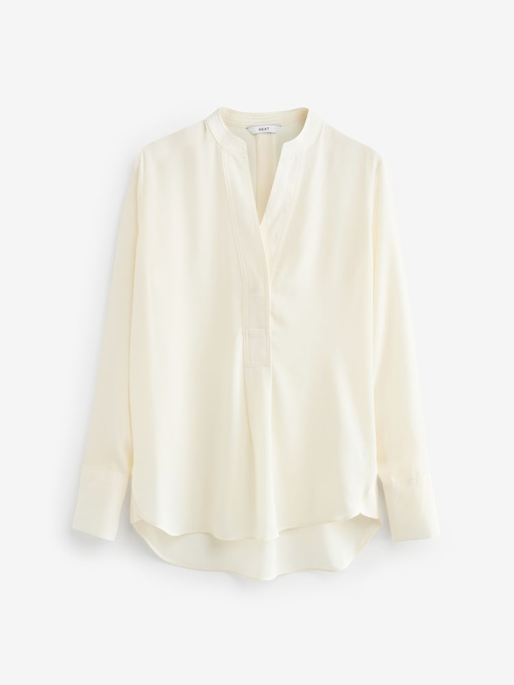 Ecru Cream Long Sleeve Overhead V-Neck Relaxed Fit Blouse - Image 6 of 7