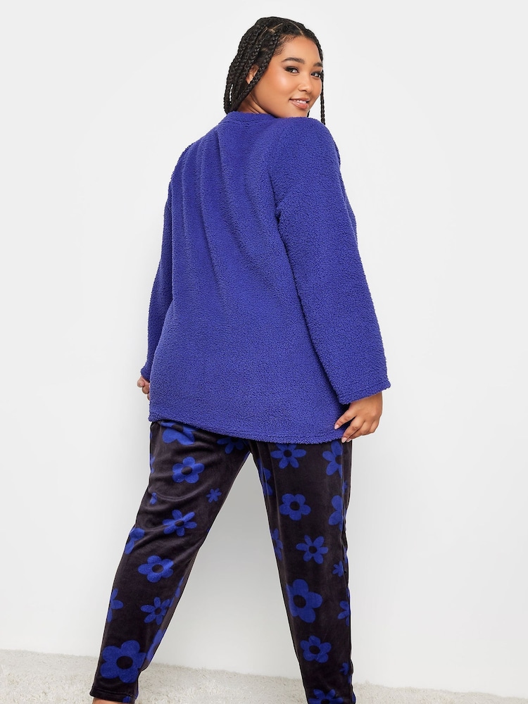 Yours Curve Purple Purple Daisy Fleece Loungewear Set - Image 2 of 5