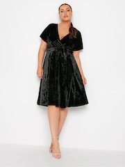 Yours Curve Black Velvet Wrap Skater Dress - Image 1 of 4