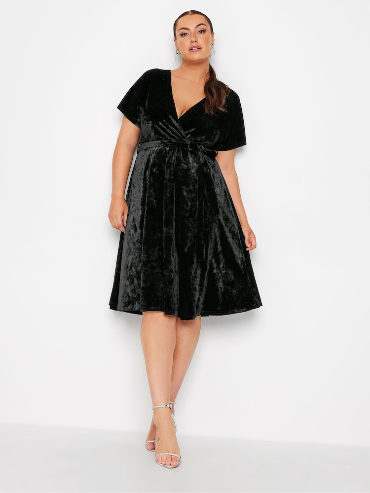 Yours Curve Black Velvet Wrap Skater Dress - Image 1 of 4