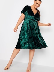 Yours Curve Green Velvet Wrap Skater Dress - Image 1 of 4