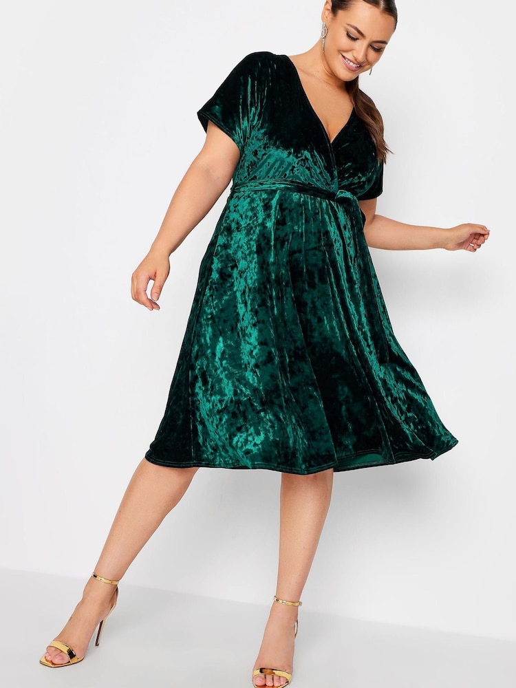 Yours Curve Green Velvet Wrap Skater Dress - Image 1 of 4
