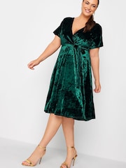 Yours Curve Green Velvet Wrap Skater Dress - Image 2 of 4