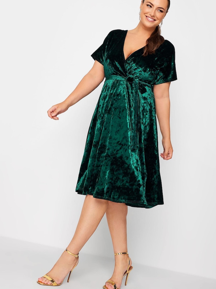 Yours Curve Green Velvet Wrap Skater Dress - Image 2 of 4