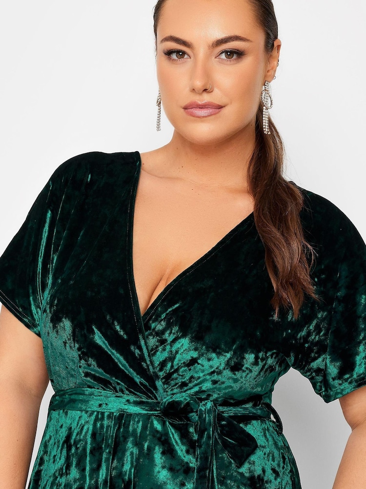 Yours Curve Green Velvet Wrap Skater Dress - Image 4 of 4