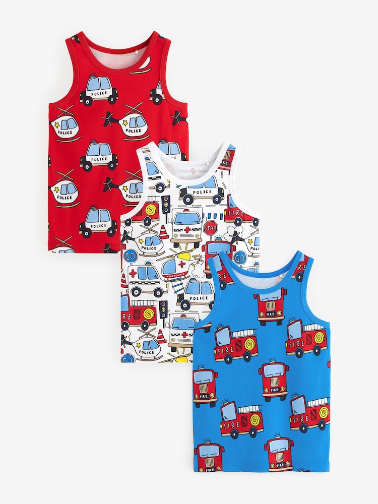 Emergency Vehicle Print 100% Cotton Printed Vests 3 Pack (1.5-8yrs) - Image 1 of 3