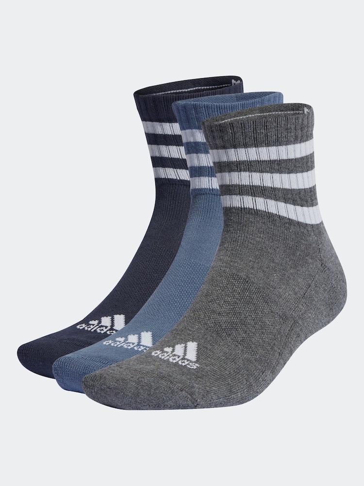 adidas Blue 3-Stripes Cushioned Sportswear Mid Cut Socks 3 Pairs - Image 1 of 4