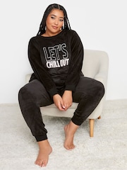 Yours Curve Black Lets Chill Out Fleece Loungewear Set - Image 1 of 4