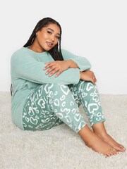 Yours Curve Green Animal Print Heart Borg Fleece Loungewear Set - Image 2 of 3