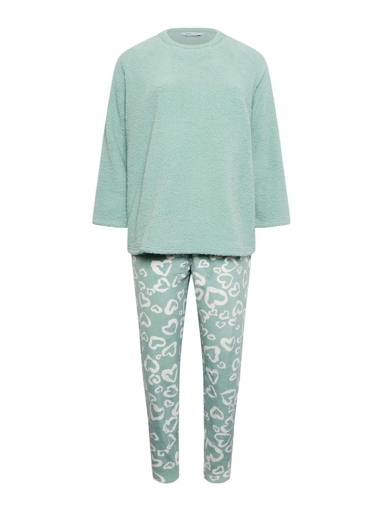 Yours Curve Green Animal Print Heart Borg Fleece Loungewear Set - Image 3 of 3