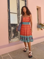 Coral Pink Woodblock Bandeau Midi Summer Dress - Image 1 of 5