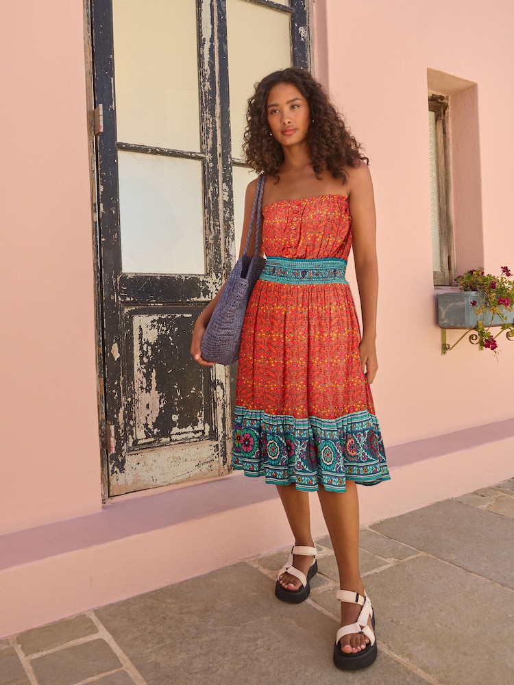 Coral Pink Woodblock Bandeau Midi Summer Dress - Image 1 of 5
