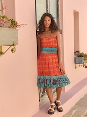 Coral Pink Woodblock Bandeau Midi Summer Dress - Image 2 of 5