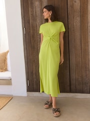 Lime Green 100% Cotton Twist Short Sleeved T-Shirt Summer Dress - Image 1 of 7