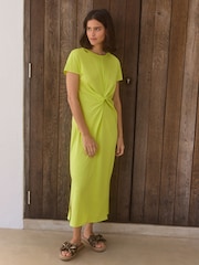 Lime Green 100% Cotton Twist Short Sleeved T-Shirt Summer Dress - Image 2 of 7