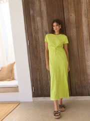 Lime Green 100% Cotton Twist Short Sleeved T-Shirt Summer Dress - Image 3 of 7