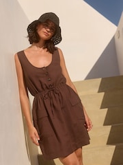 Chocolate Brown Utility Sleeveless Mini Dress With Linen - Image 1 of 7