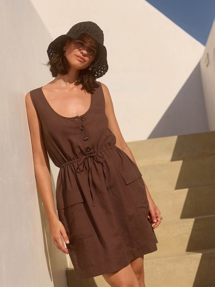 Chocolate Brown Utility Sleeveless Mini Dress With Linen - Image 1 of 7
