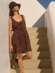 Chocolate Brown Utility Sleeveless Mini Dress With Linen - Image 2 of 7
