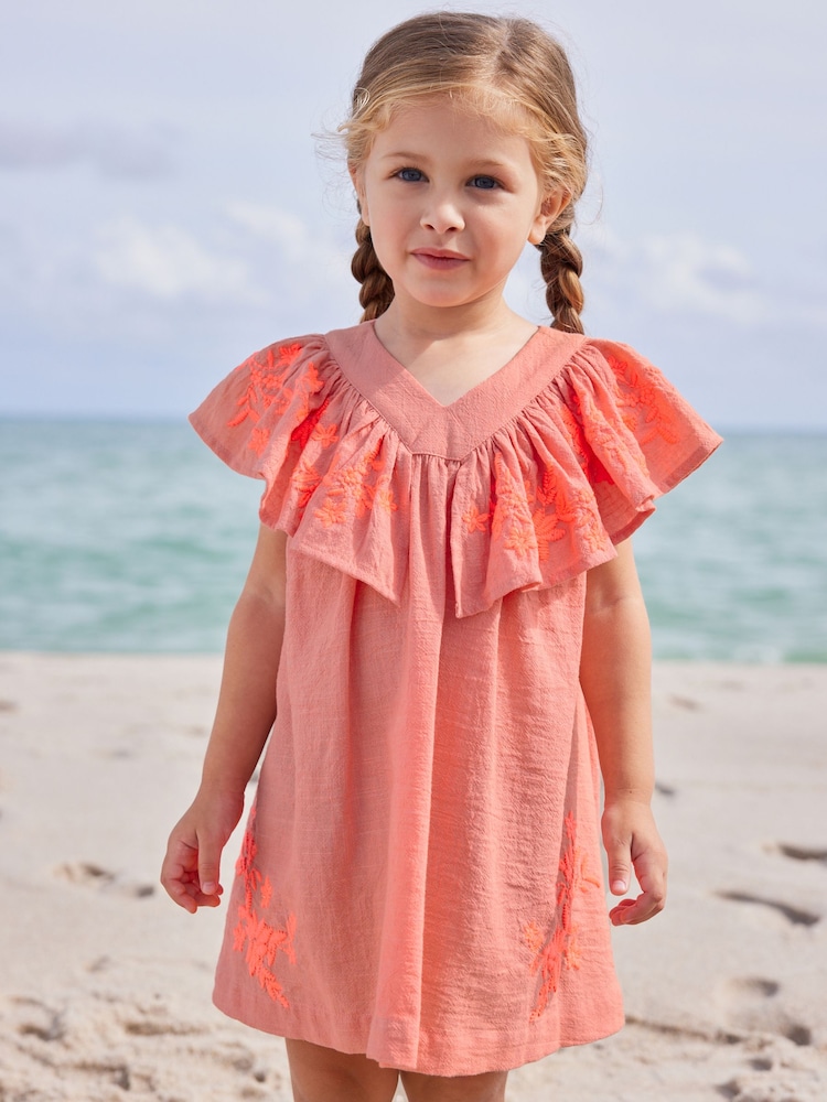Coral Pink Embroidered Beach Dress (3mths-8yrs) - Image 1 of 9
