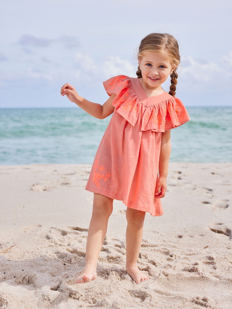 Coral Pink Embroidered Beach Dress (3mths-8yrs) - Image 2 of 9