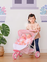 Teamson Home Pink Kids Dolls Double Twin Pram Pushchair with Storage - Image 1 of 6